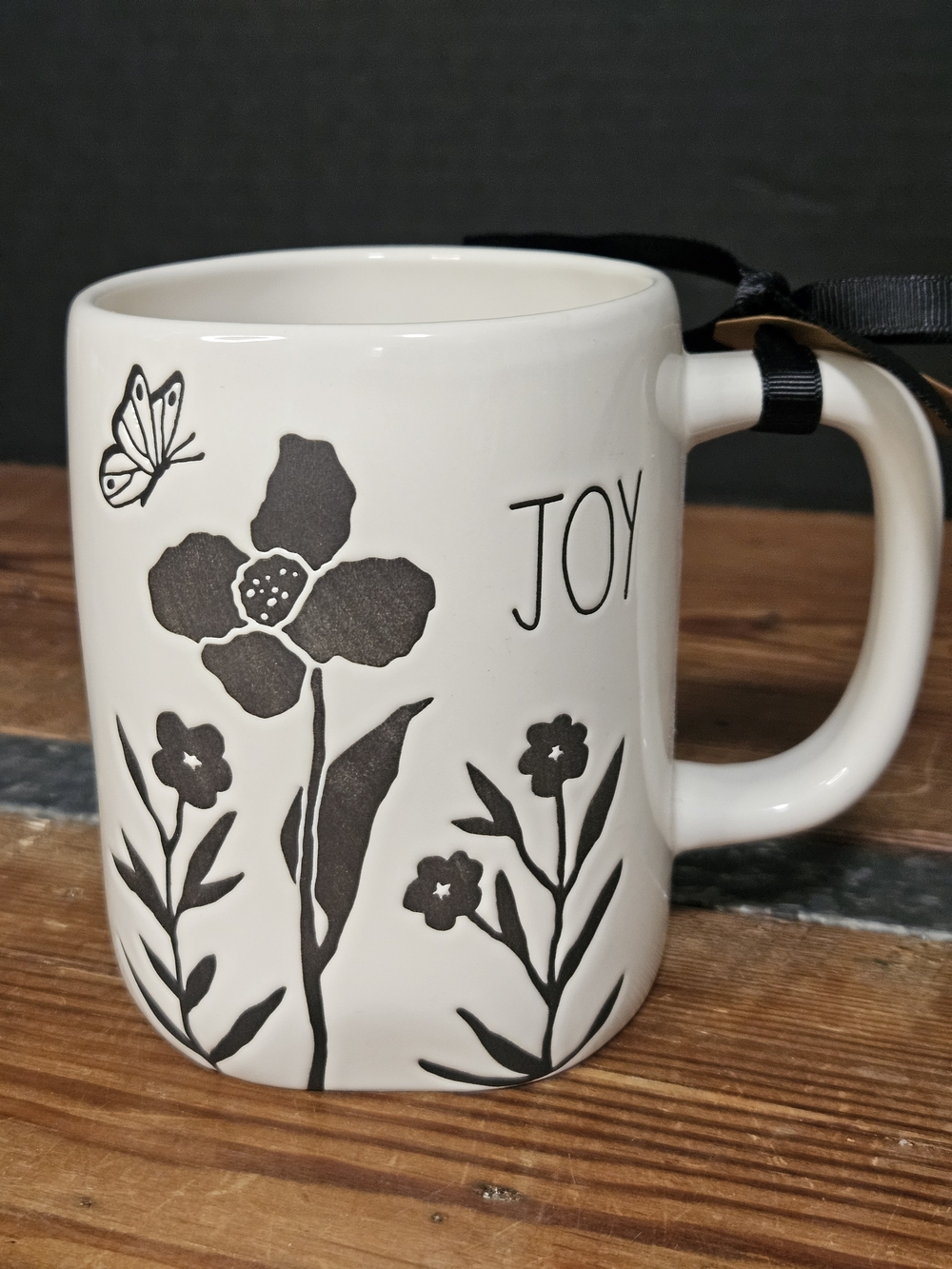Rae Dunn JOY Floral Ceramic Coffee Mug - White with Black Design